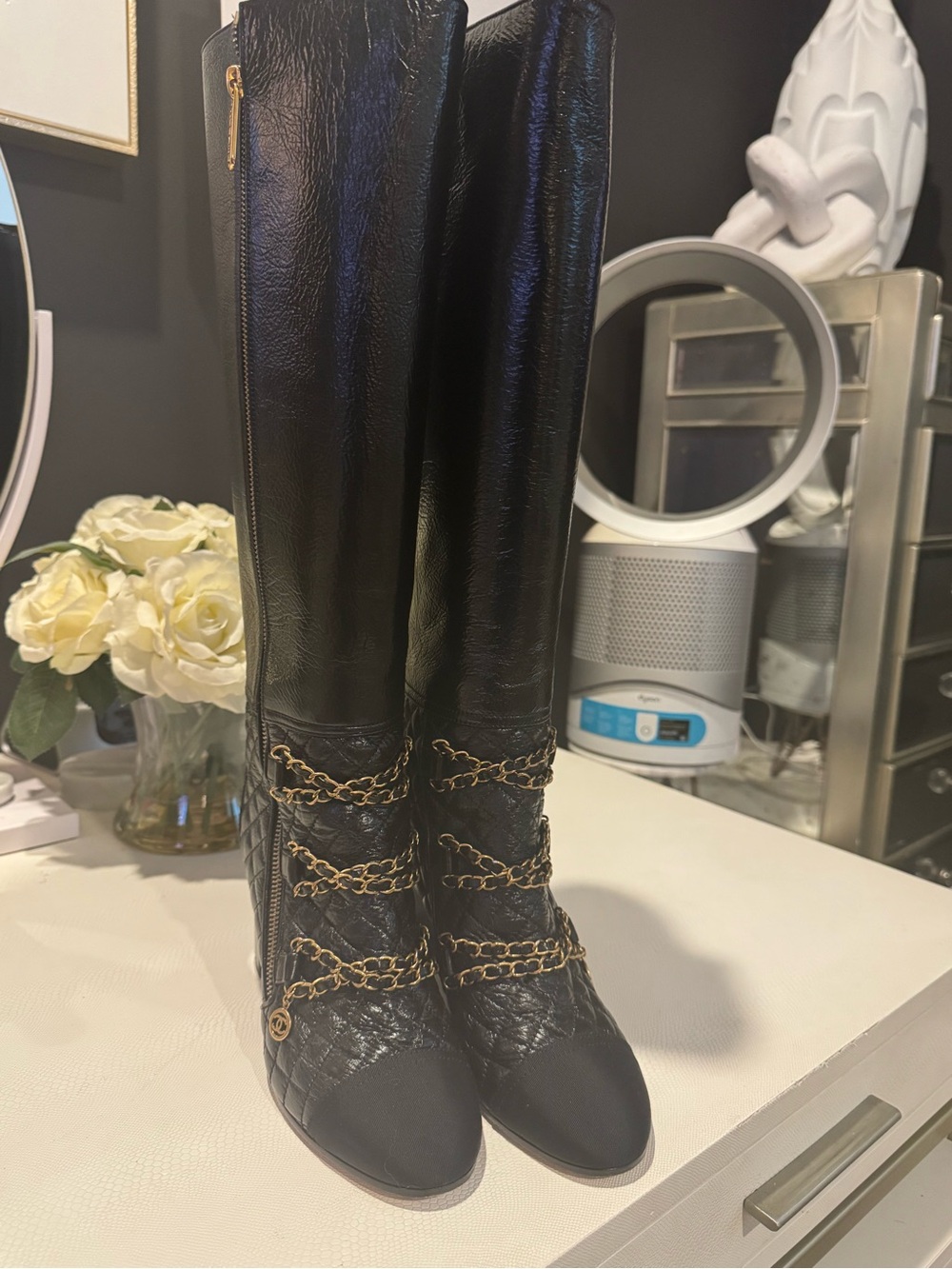 Designer Chanel Black Quilted Knee-High Boots with Gold Chain Detail